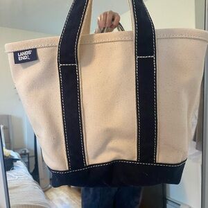 Lands' End Blue and Cream Canvas Tote Bag Durable Everyday Style